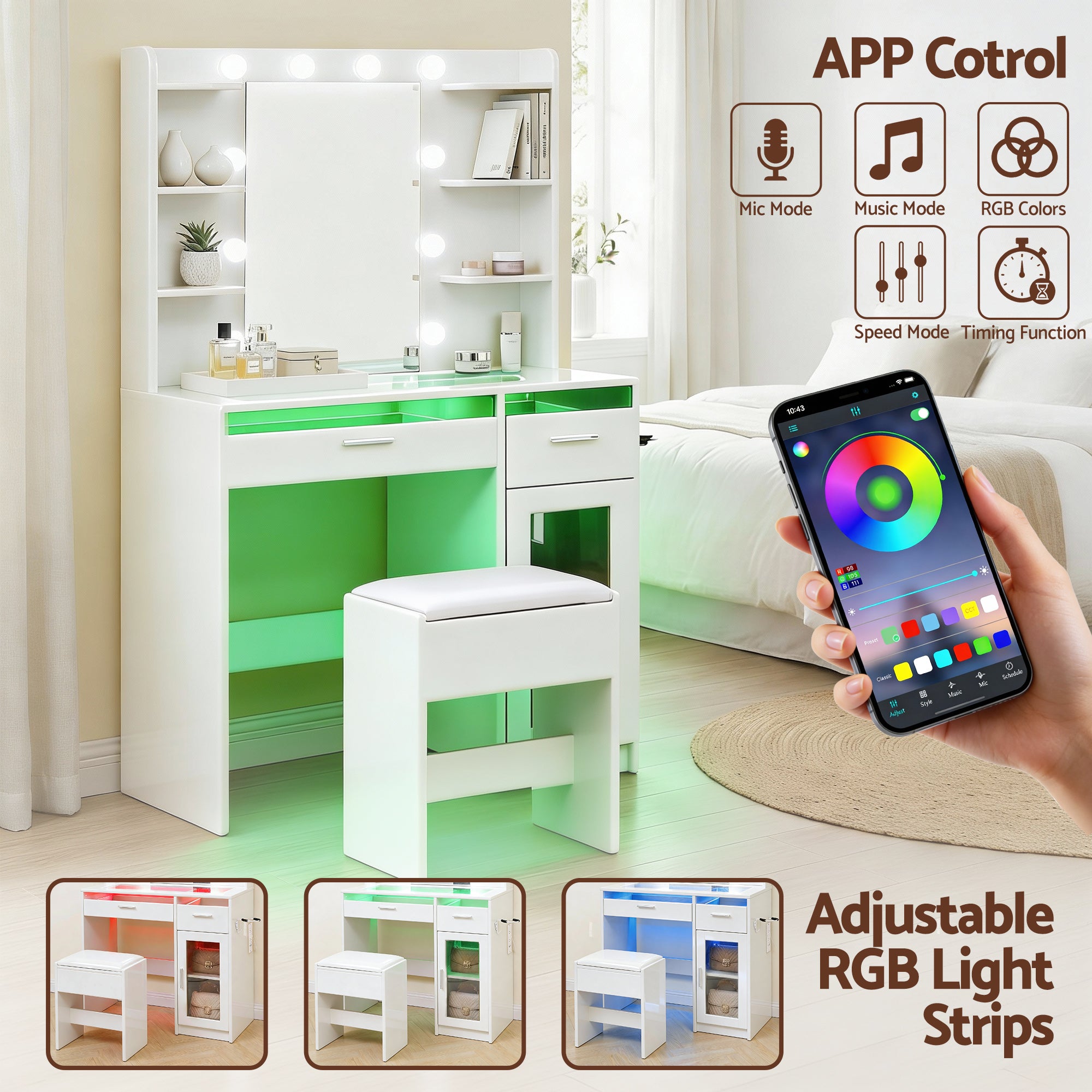 Artiss Dressing Table Vanity Desk Set 10 LED Bulbs RGB Light White FURNI-L-DRESS09-WH-AB