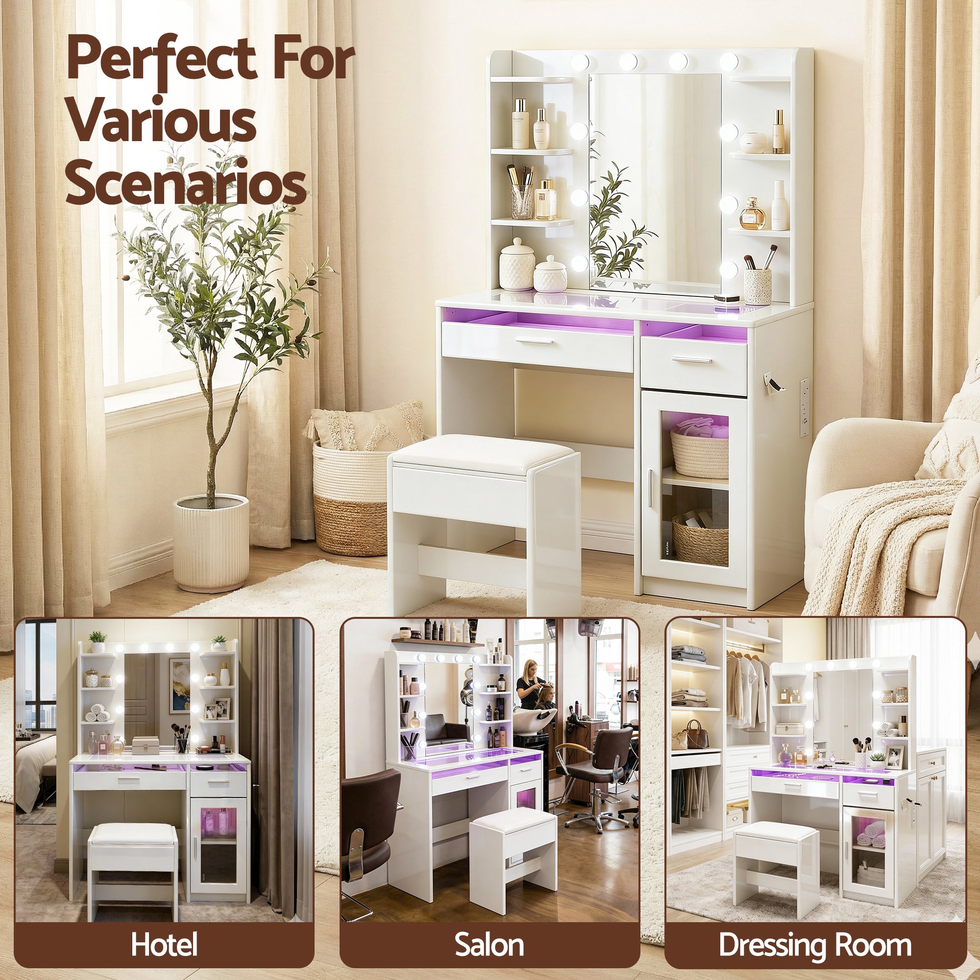 Artiss Dressing Table Vanity Desk Set 10 LED Bulbs RGB Light White FURNI-L-DRESS09-WH-AB