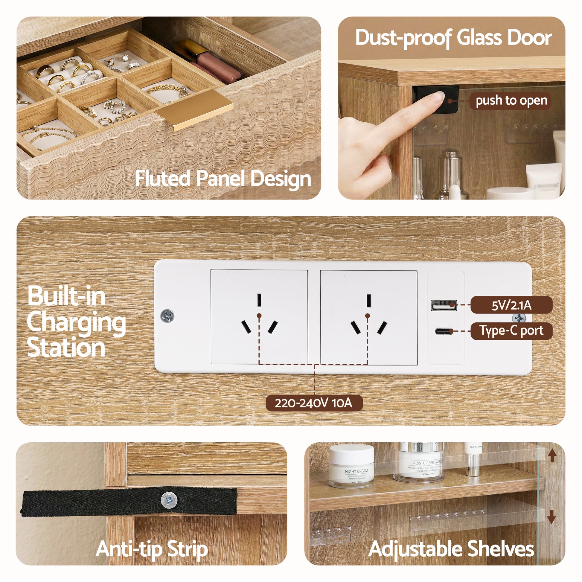 Artiss Dressing Table LED Vanity Desk Charging Station Wood FURNI-L-DRESS10-WD-AB
