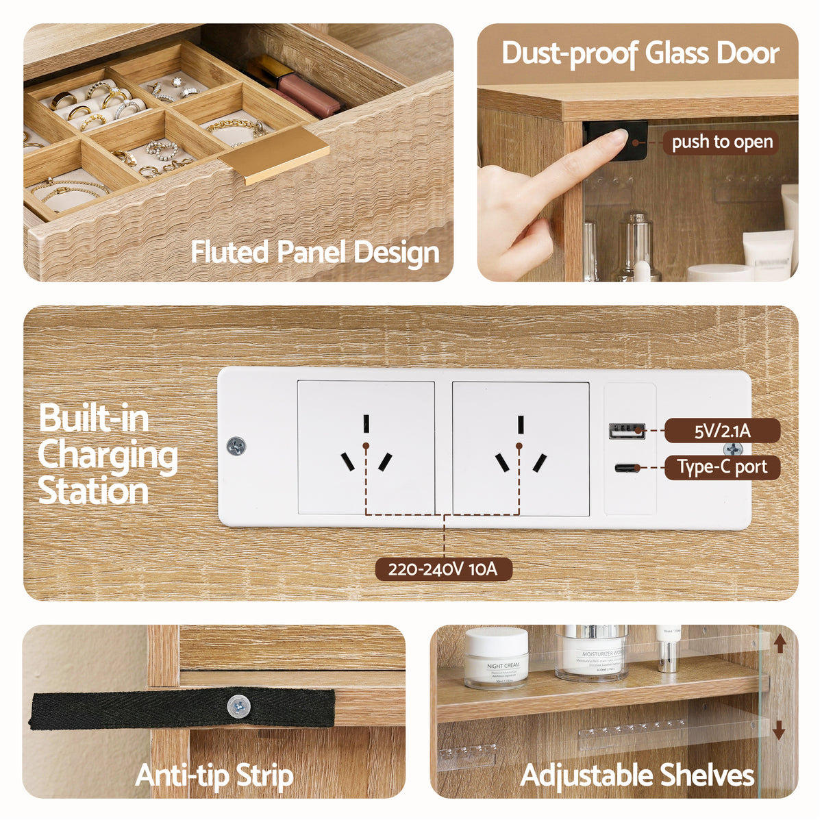 Artiss Dressing Table LED Vanity Desk Charging Station Wood FURNI-L-DRESS10-WD-AB
