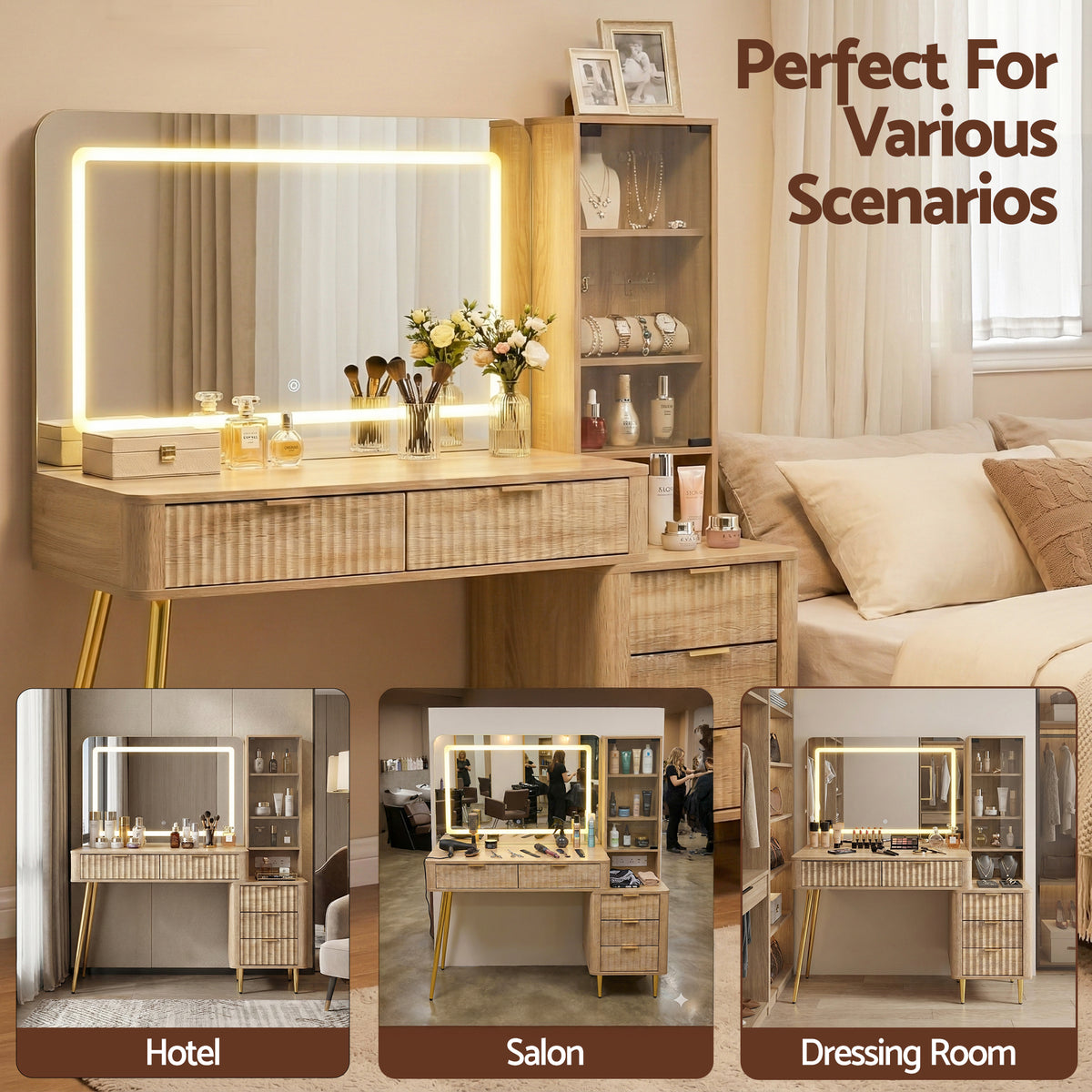 Artiss Dressing Table LED Vanity Desk Charging Station Wood FURNI-L-DRESS10-WD-AB