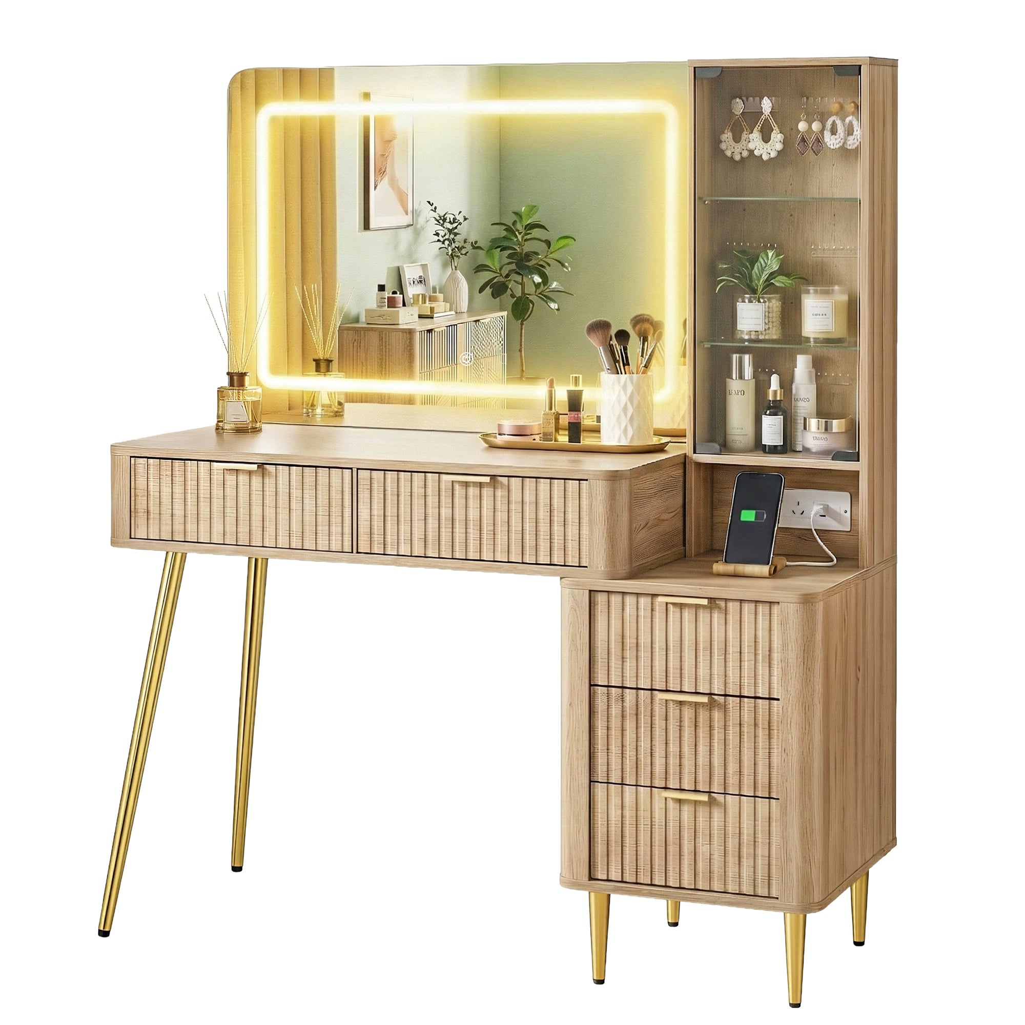 Artiss Dressing Table LED Vanity Desk Charging Station Wood FURNI-L-DRESS10-WD-AB