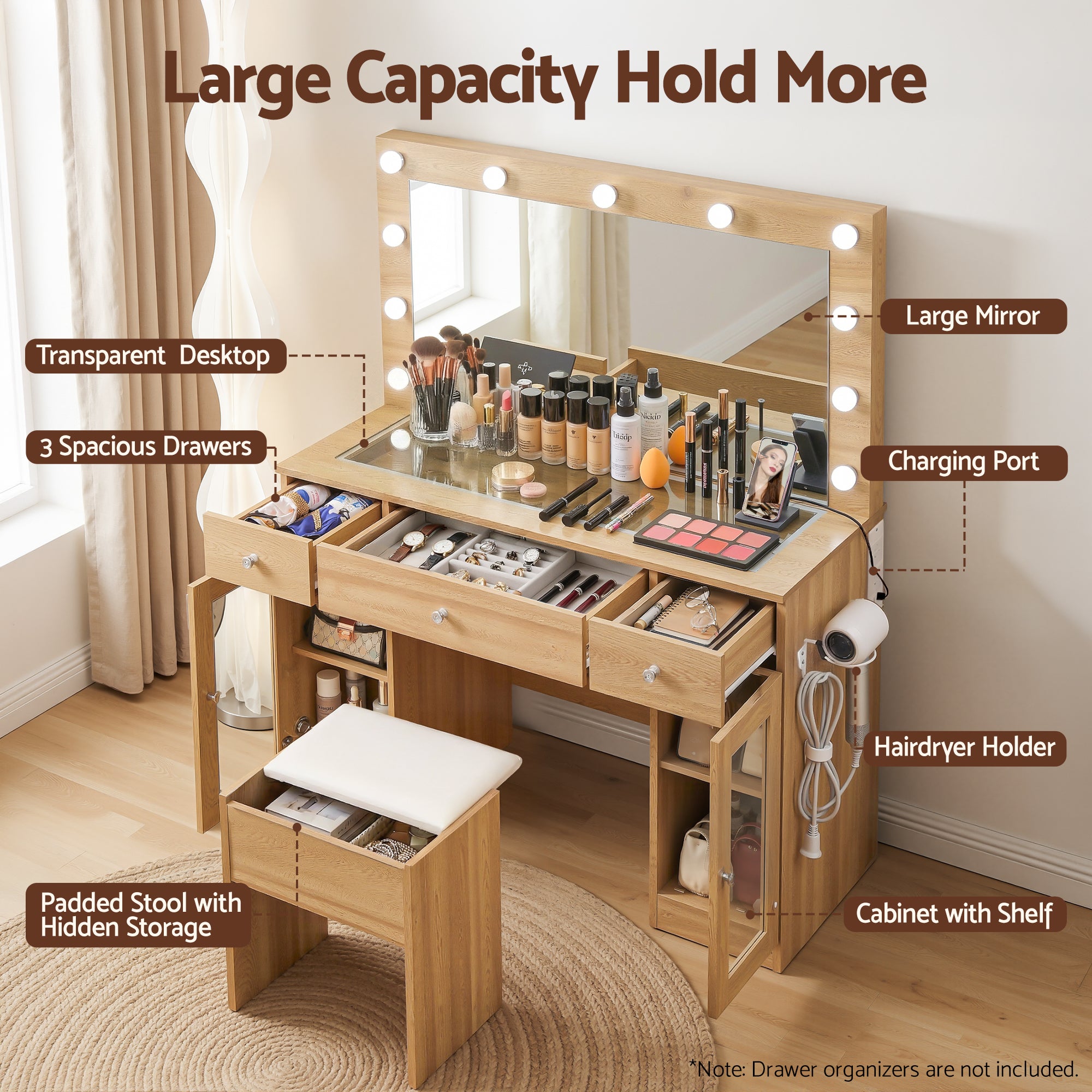 Artiss Dressing Table Vanity Desk Set LED Bulbs RGB Light Wood FURNI-L-DRESS11-WD-AB