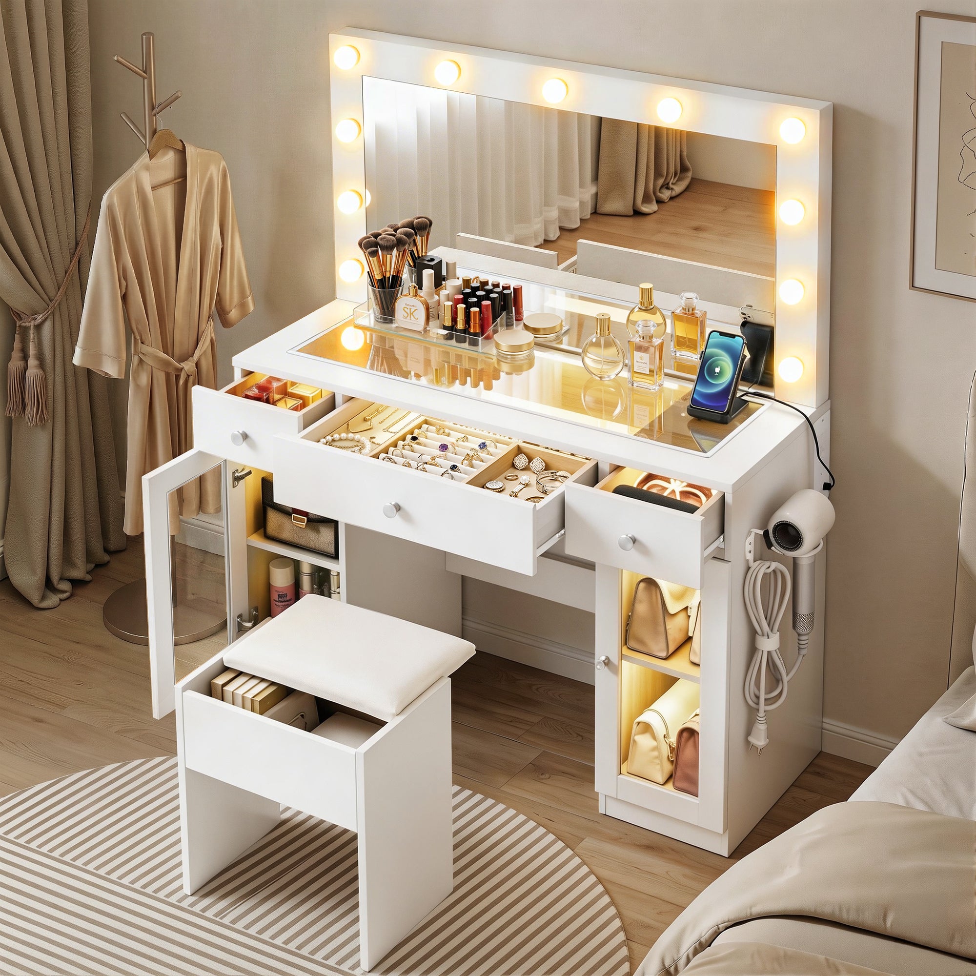 Artiss Dressing Table Vanity Desk Set LED Bulbs RGB Light White FURNI-L-DRESS11-WH-AB