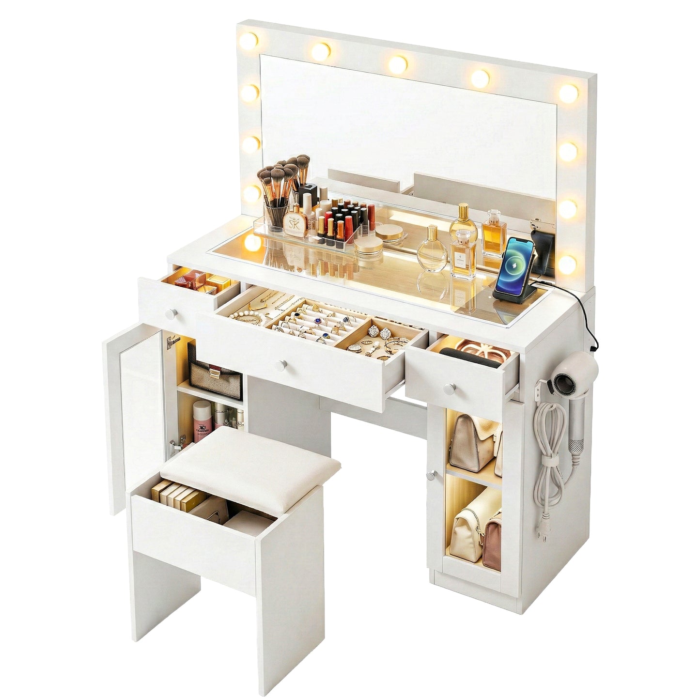 Artiss Dressing Table Vanity Desk Set LED Bulbs RGB Light White FURNI-L-DRESS11-WH-AB