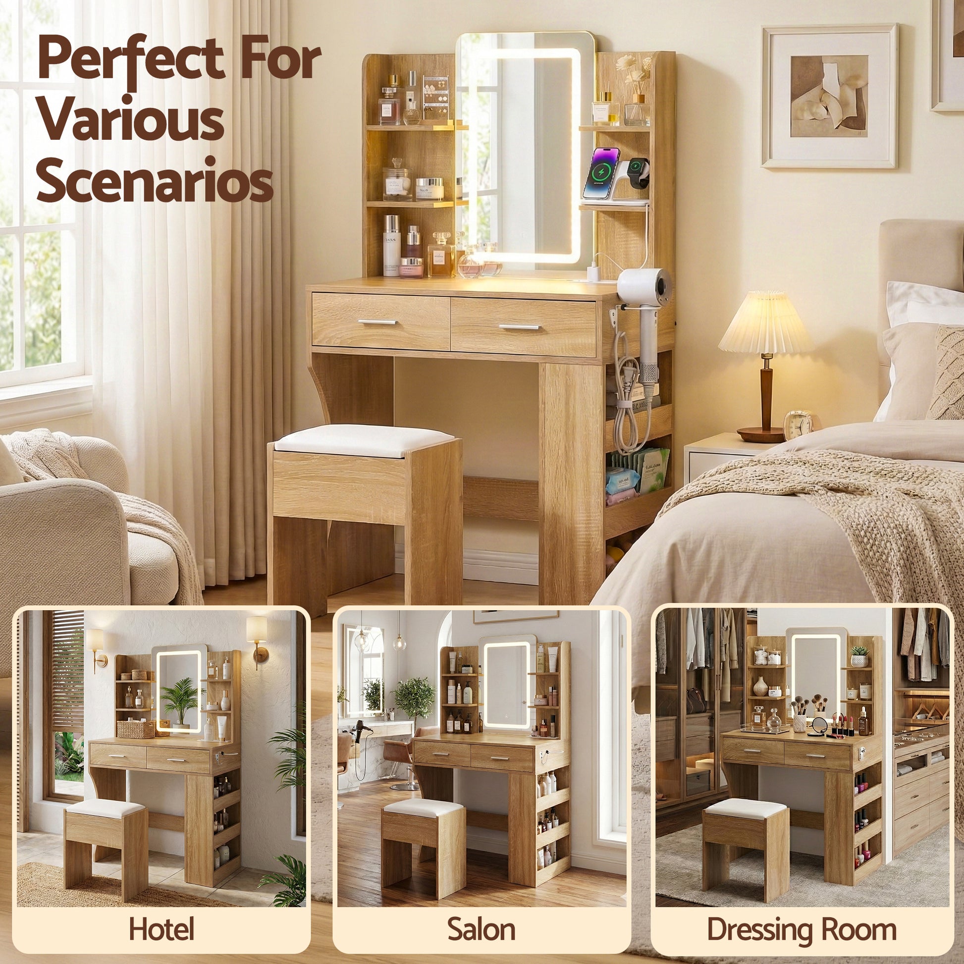 Artiss Dressing Table LED Vanity Desk Set Stool Wood FURNI-L-DRESS12-WD-AB