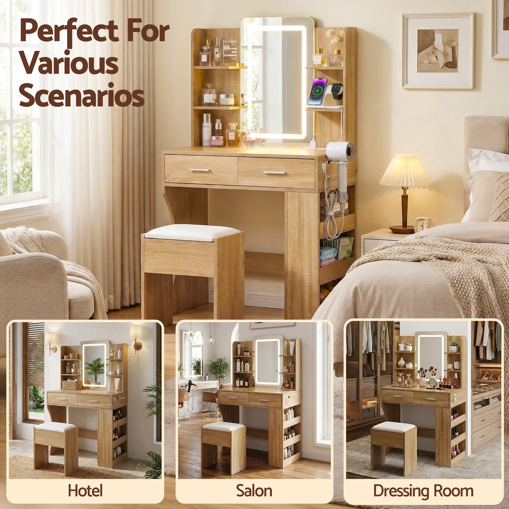 Artiss Dressing Table LED Vanity Desk Set Stool Wood FURNI-L-DRESS12-WD-AB