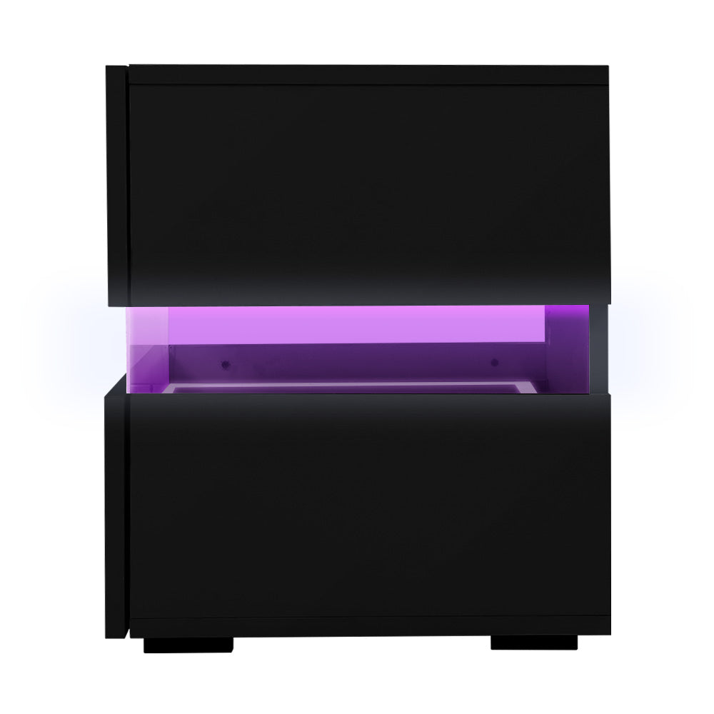 Artiss Bedside Table LED 2 Drawers - LUMI Black FURNI-L-LED-BS01-BK