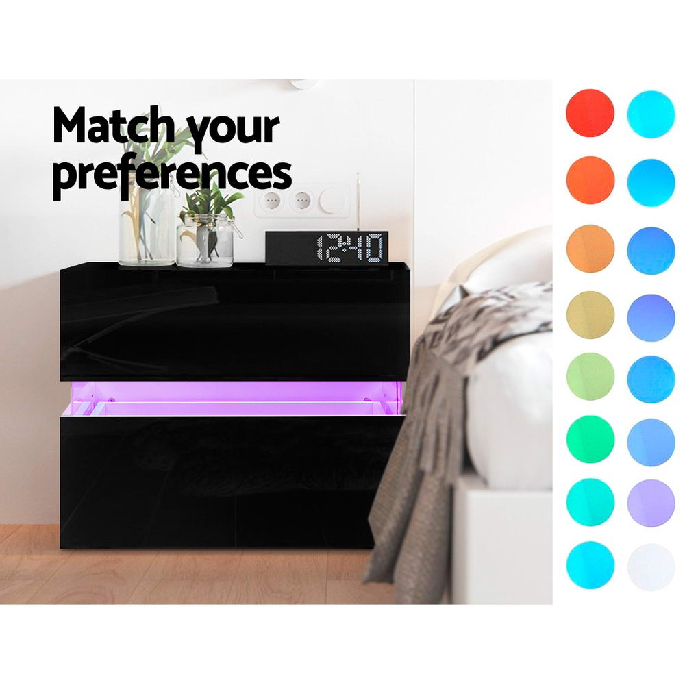 Artiss Bedside Table LED 2 Drawers - LUMI Black FURNI-L-LED-BS01-BK