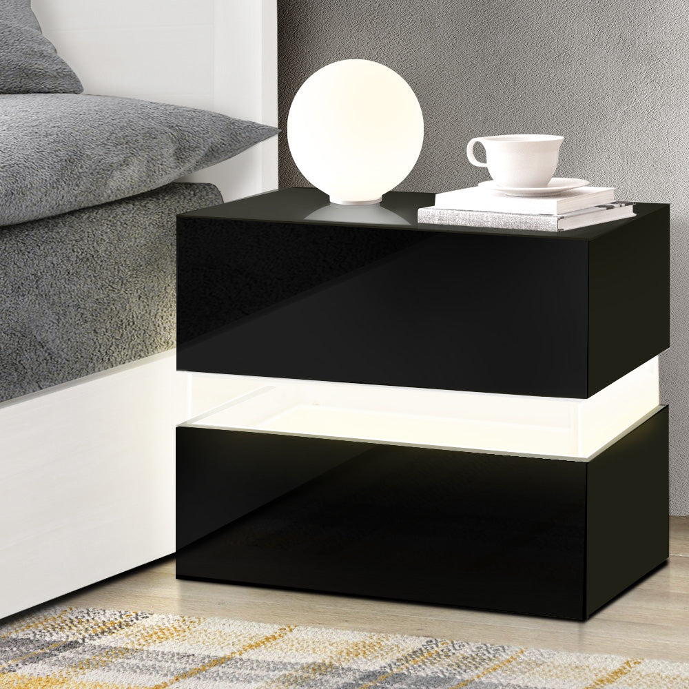 Artiss Bedside Table LED 2 Drawers - LUMI Black FURNI-L-LED-BS01-BK