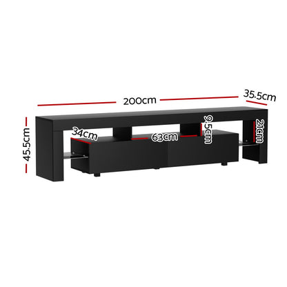 Artiss TV Cabinet Entertainment Unit Stand RGB LED Gloss Furniture 200cm Black FURNI-L-LED-GS-TV200-BK-AB