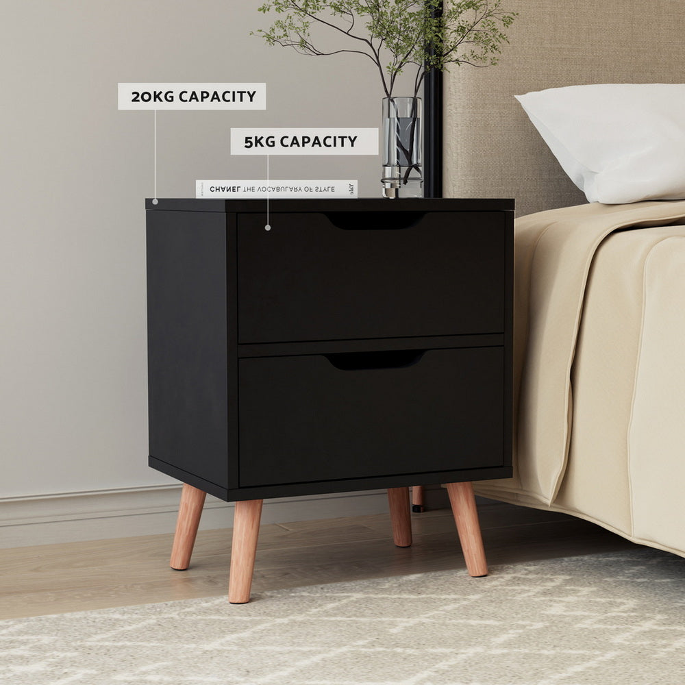 Artiss 2 x Bedside Table 2 Drawers - BODEN Black FURNI-L-SCAN-BS01-BKX2