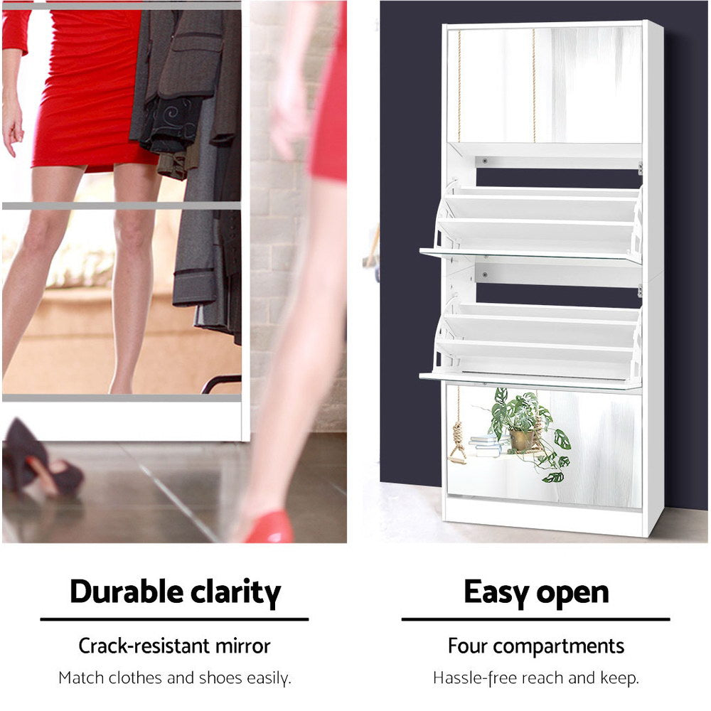 Artiss Shoe Rack Cabinet Mirror 60 Pairs White Rira FURNI-L-SHOE-MIR4D-WH-AB