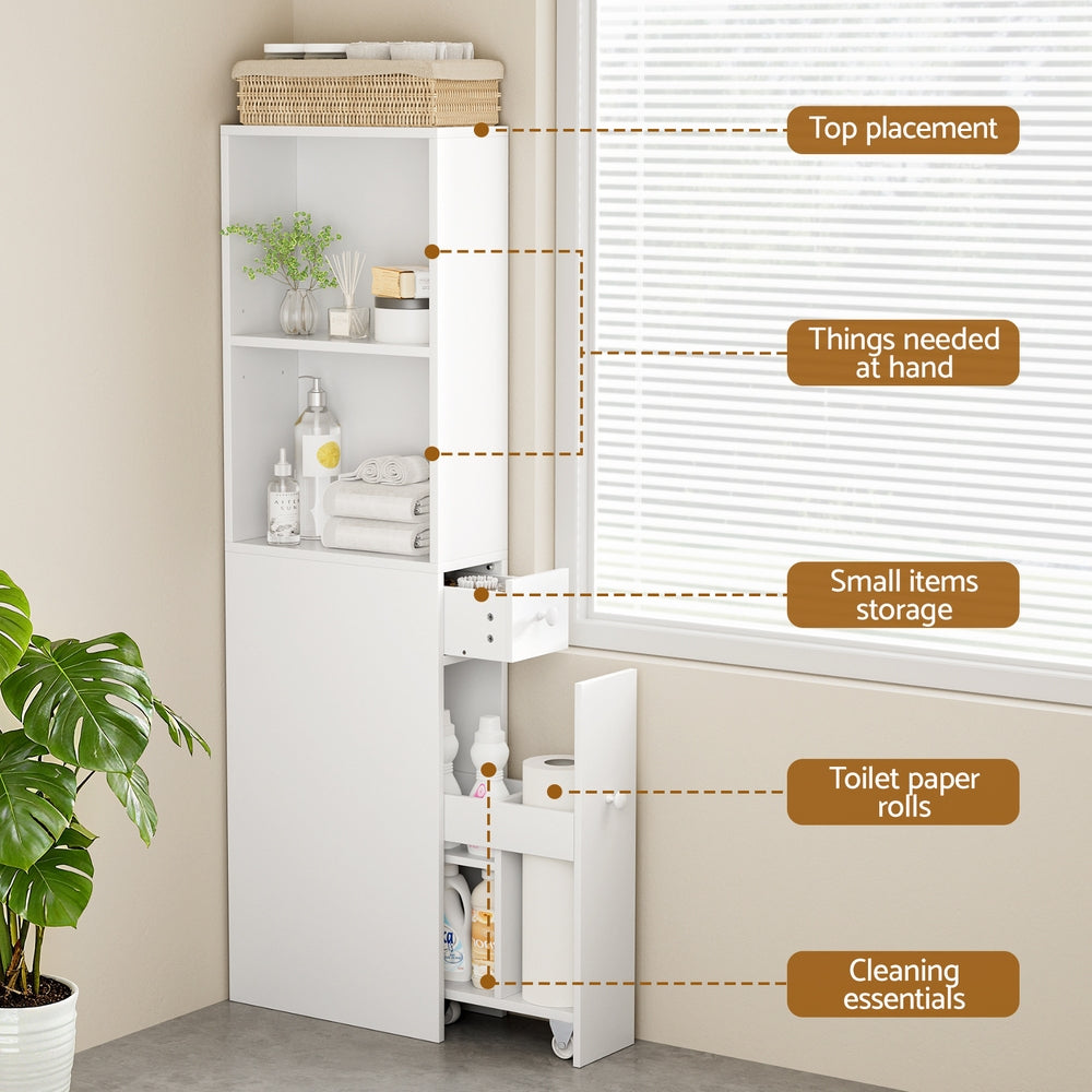 Artiss Bathroom Cabinet Storage Slim Organiser Drawer Toilet Corner 135cm White FURNI-N-BATH-LF135-WH