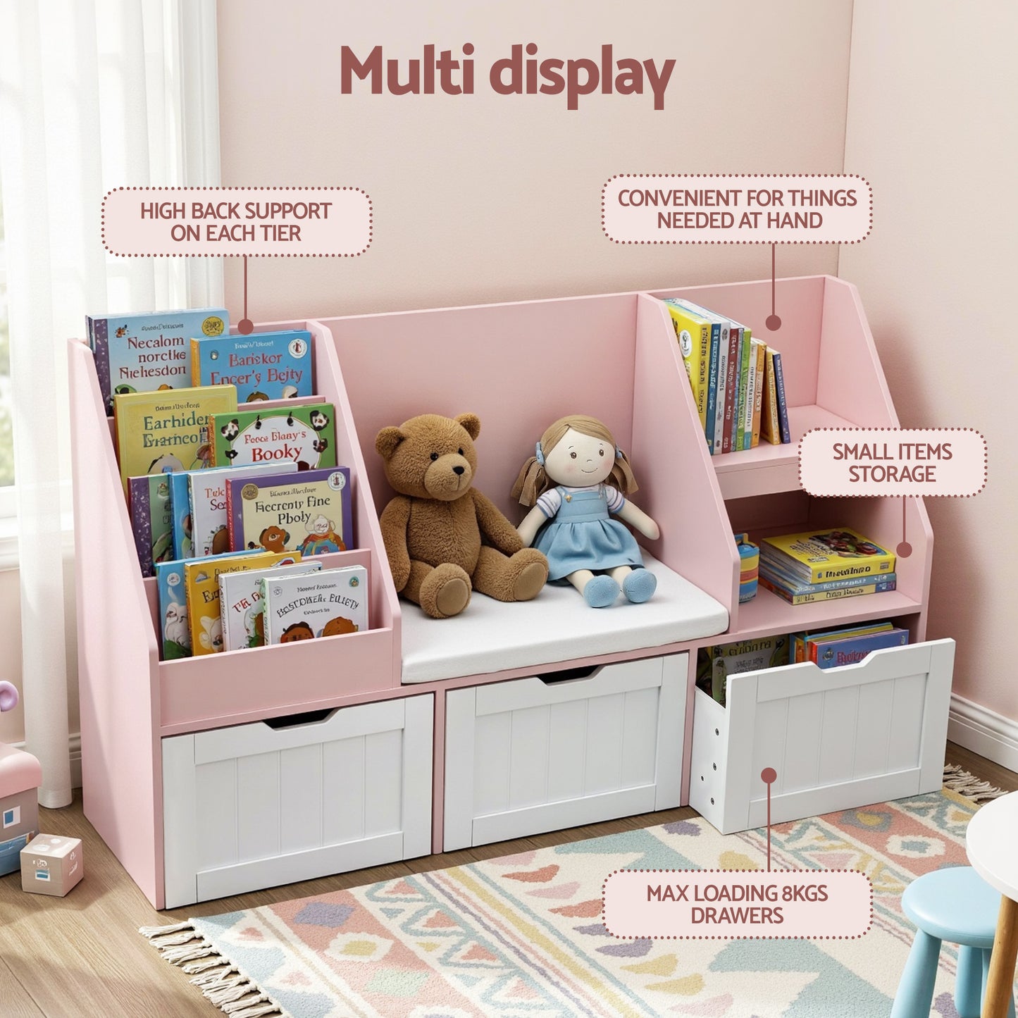 Keezi Kids Bookshelf Storage Organiser Toy Box Drawer Bench Seat Cabinet Pink FURNI-N-BOOK-140-PK-AB