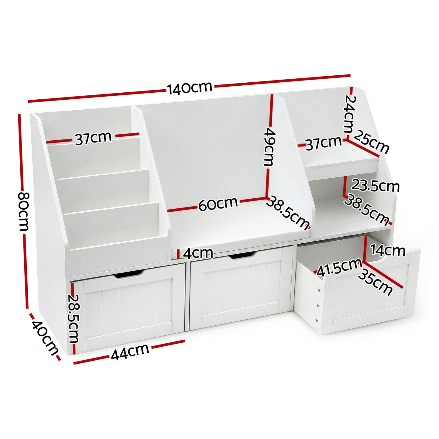 Keezi Kids Bookshelf Storage Organiser Toy Box Drawer Bench Seat Cabinet White FURNI-N-BOOK-140-WH-AB