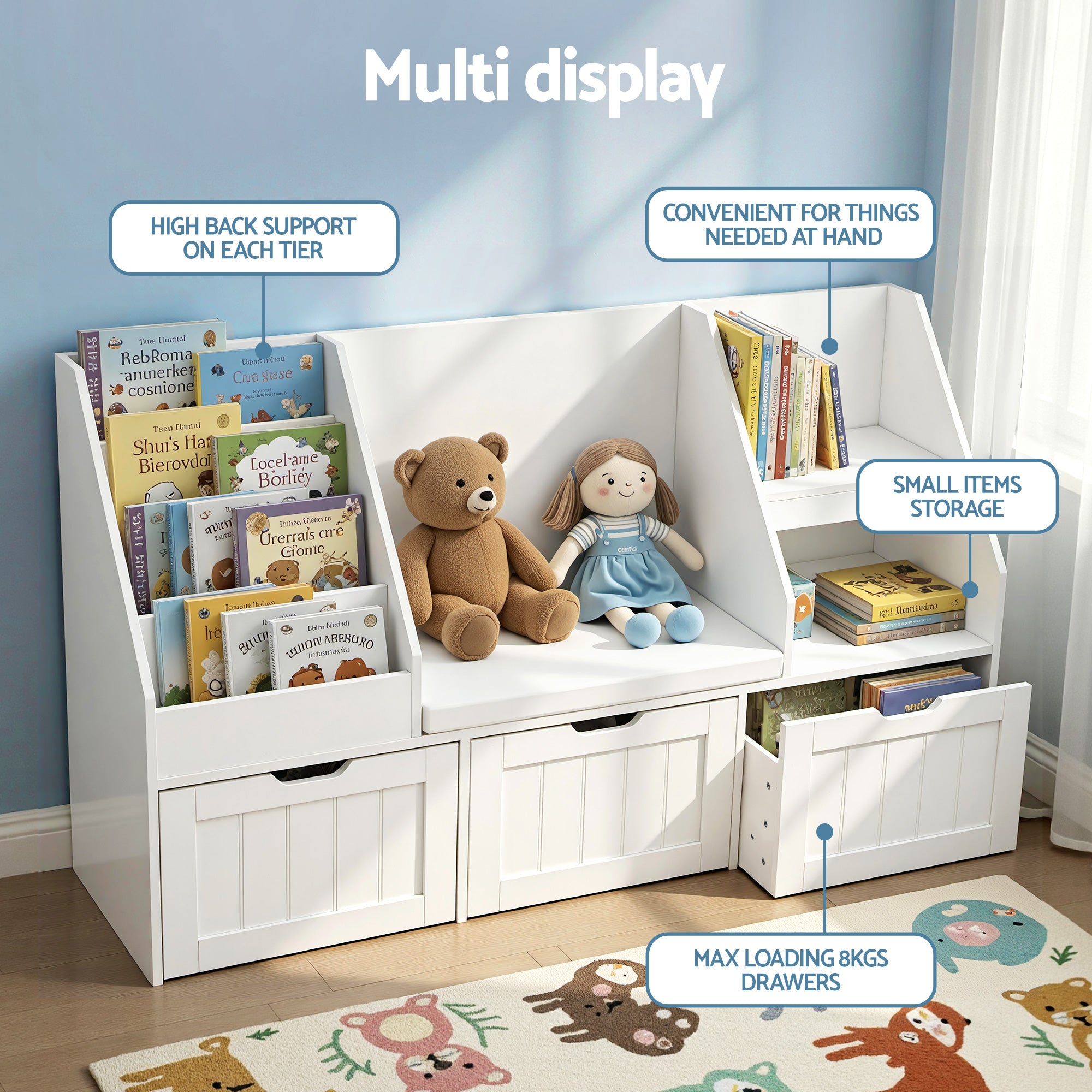 Keezi Kids Bookshelf Storage Organiser Toy Box Drawer Bench Seat Cabinet White