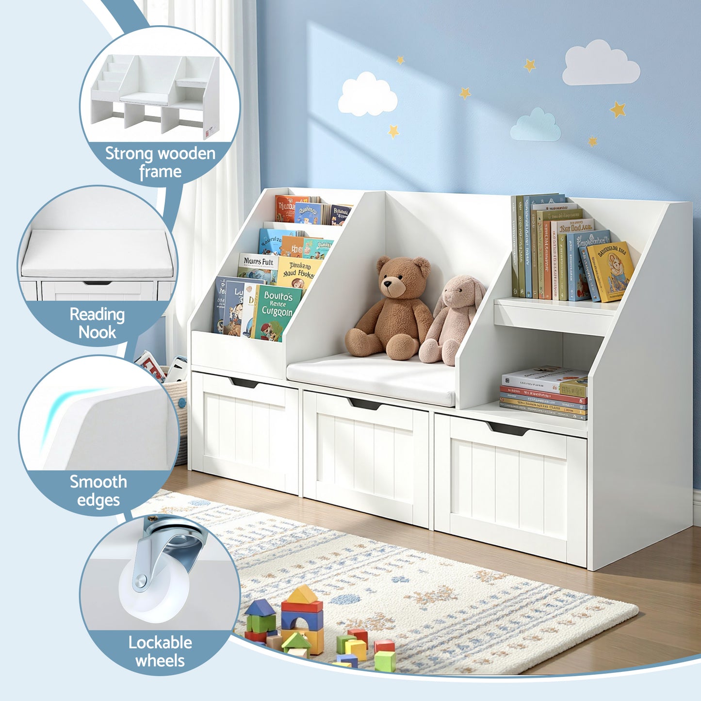 Keezi Kids Bookshelf Storage Organiser Toy Box Drawer Bench Seat Cabinet White FURNI-N-BOOK-140-WH-AB