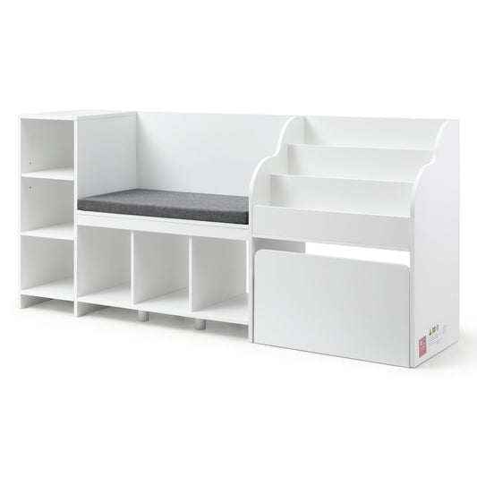 Keezi Kids Storage Unit Bookshelf Toy Box Organiser Bench Seat Cabinet 170cm White FURNI-N-BOOK-170-WH-AB