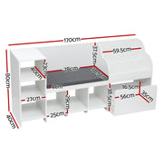 Keezi Kids Storage Unit Bookshelf Toy Box Organiser Bench Seat Cabinet 170cm White FURNI-N-BOOK-170-WH-AB