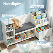 Keezi Kids Storage Unit Bookshelf Toy Box Organiser Bench Seat Cabinet 170cm White FURNI-N-BOOK-170-WH-AB