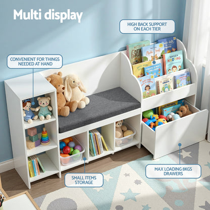 Keezi Kids Storage Unit Bookshelf Toy Box Organiser Bench Seat Cabinet 170cm White FURNI-N-BOOK-170-WH-AB