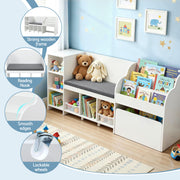 Keezi Kids Storage Unit Bookshelf Toy Box Organiser Bench Seat Cabinet 170cm White FURNI-N-BOOK-170-WH-AB