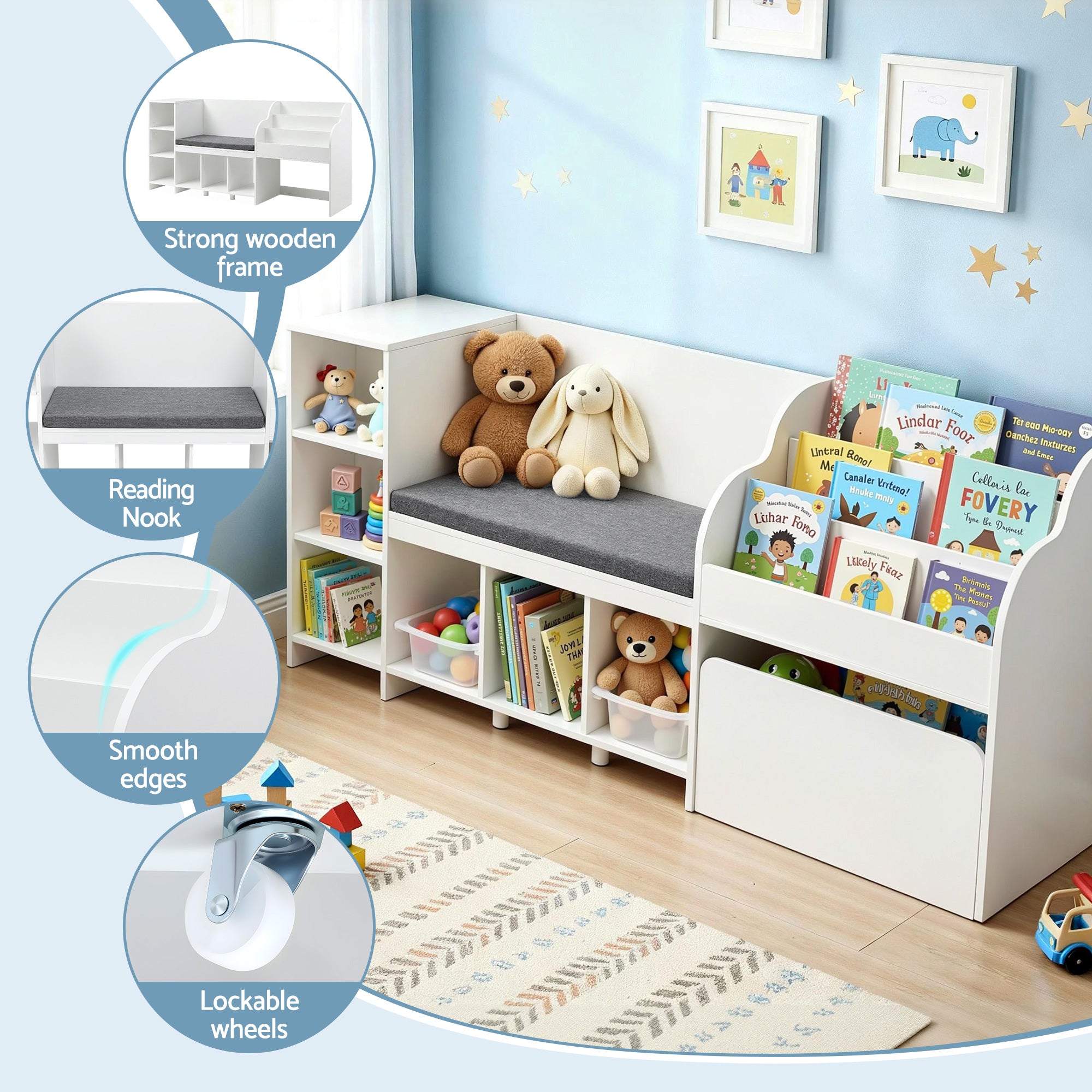 Keezi Kids Storage Unit Bookshelf Toy Box Organiser Bench Seat Cabinet 170cm White FURNI-N-BOOK-170-WH-AB