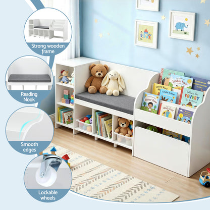 Keezi Kids Storage Unit Bookshelf Toy Box Organiser Bench Seat Cabinet 170cm White FURNI-N-BOOK-170-WH-AB