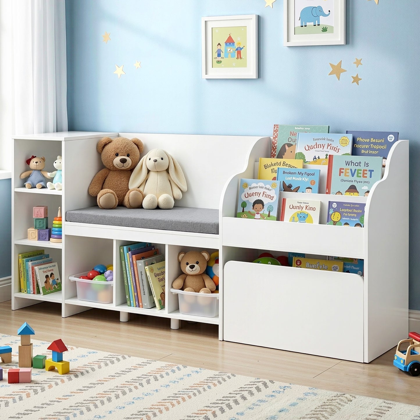 Keezi Kids Storage Unit Bookshelf Toy Box Organiser Bench Seat Cabinet 170cm White FURNI-N-BOOK-170-WH-AB