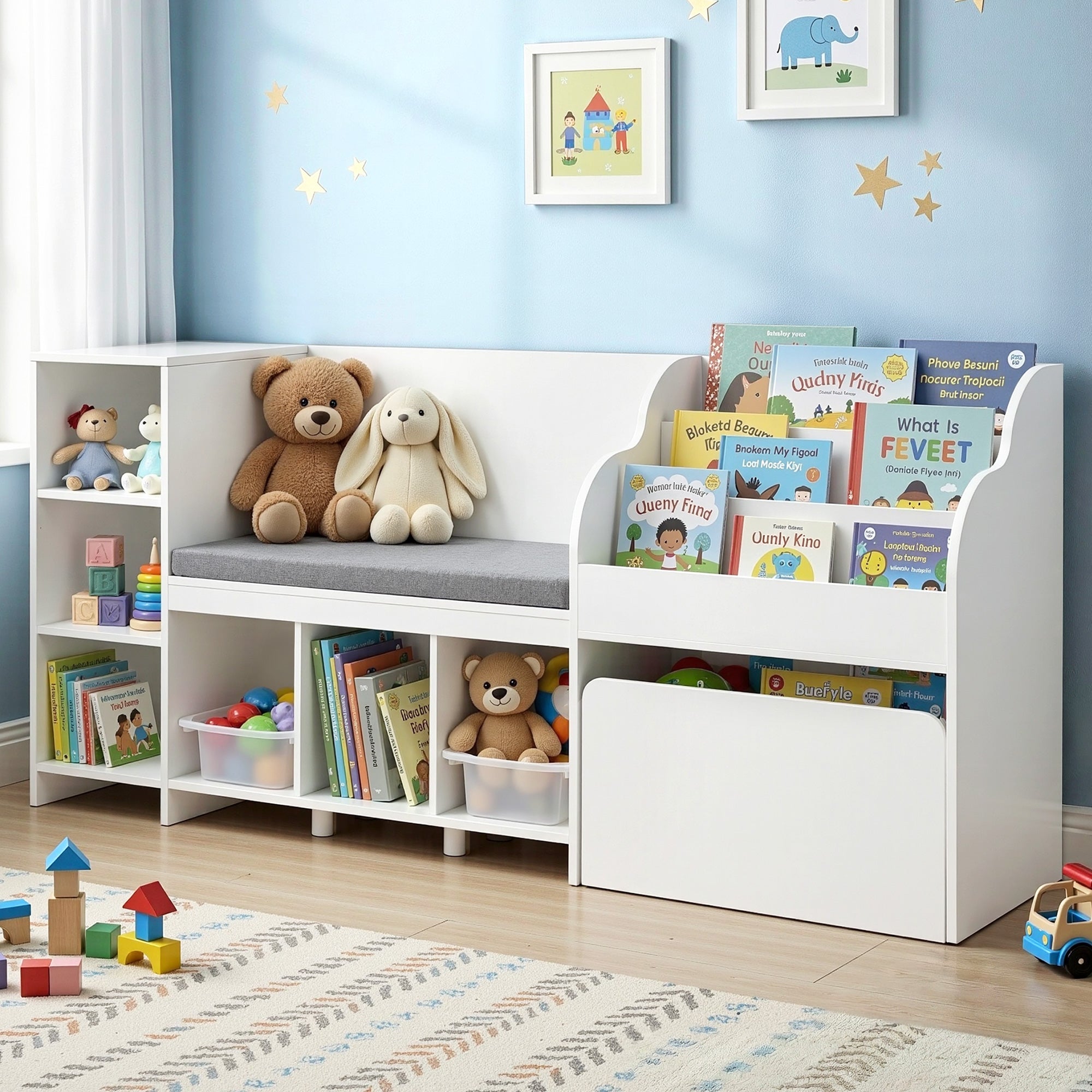 Keezi Kids Storage Unit Bookshelf Toy Box Organiser Bench Seat Cabinet 170cm White FURNI-N-BOOK-170-WH-AB