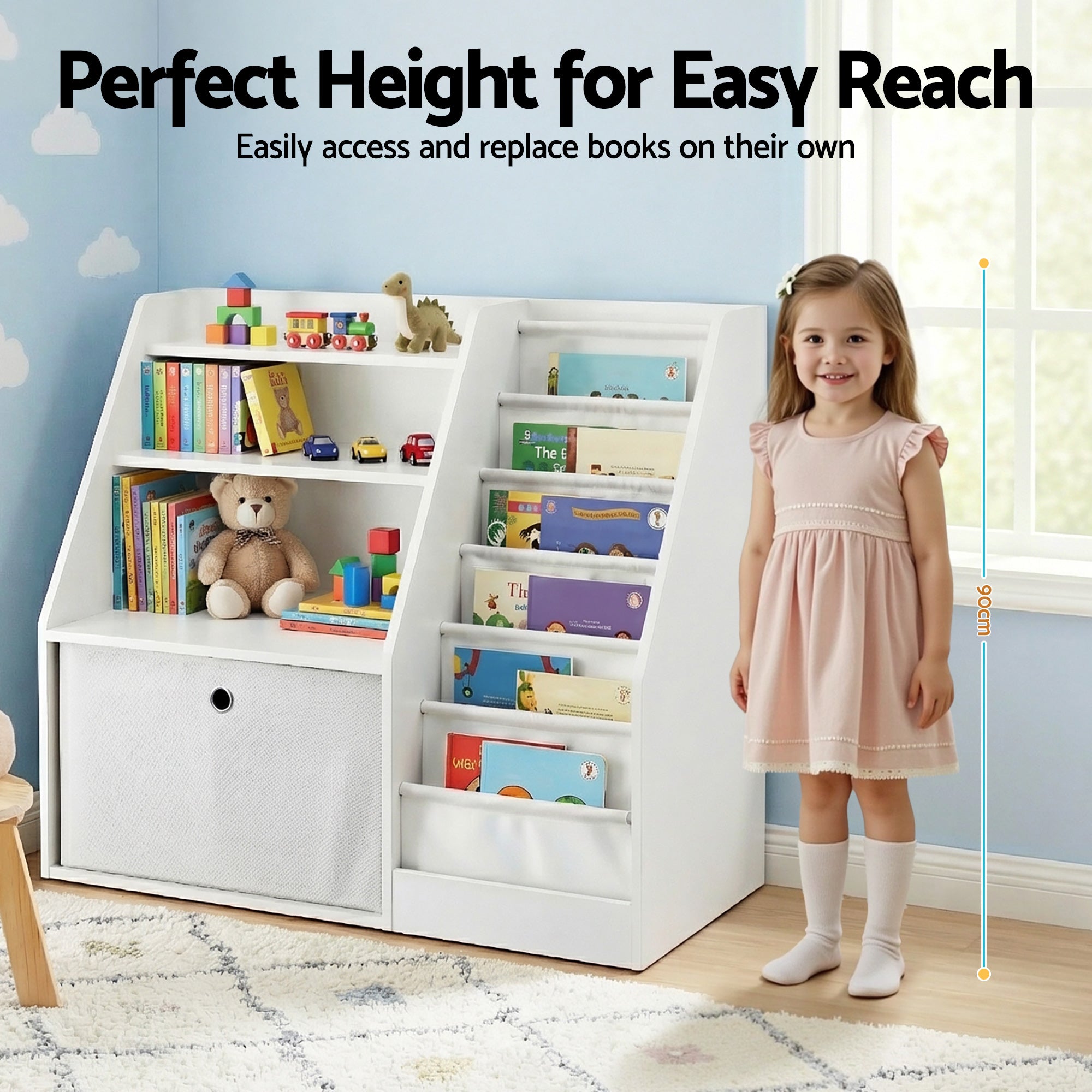 Keezi Kids Bookshelf Children Bookcase Organizer Storage Rack Display Drawer White FURNI-N-BOOK-DACT-WH