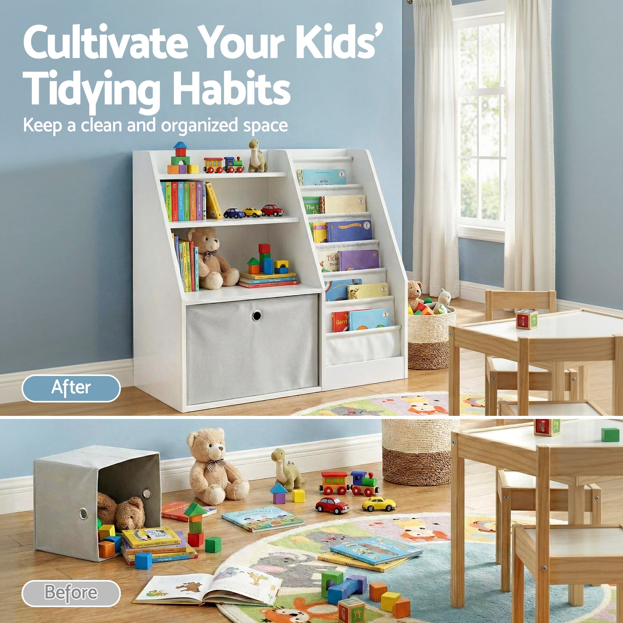 Keezi Kids Bookshelf Children Bookcase Organizer Storage Rack Display Drawer White FURNI-N-BOOK-DACT-WH