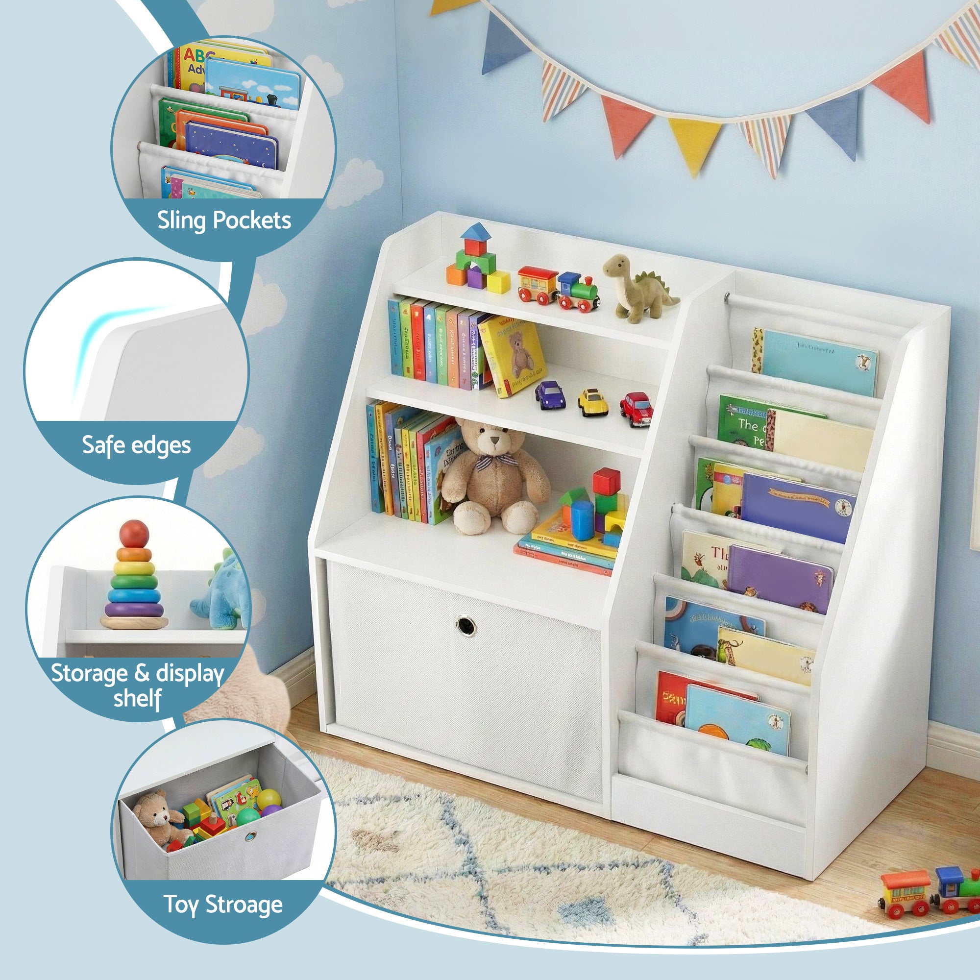 Keezi Kids Bookshelf Children Bookcase Organizer Storage Rack Display Drawer White FURNI-N-BOOK-DACT-WH