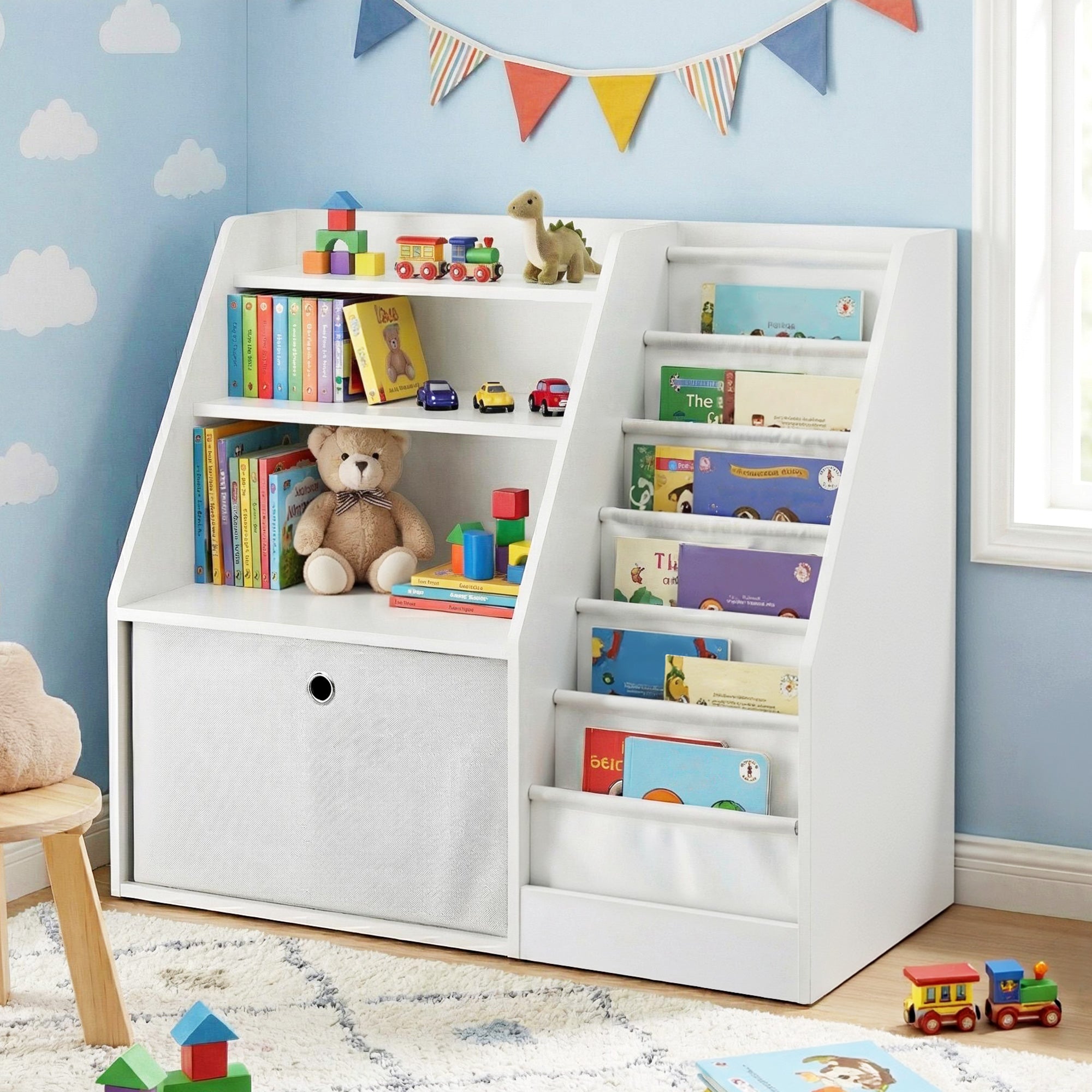 Keezi Kids Bookshelf Children Bookcase Organizer Storage Rack Display Drawer White FURNI-N-BOOK-DACT-WH