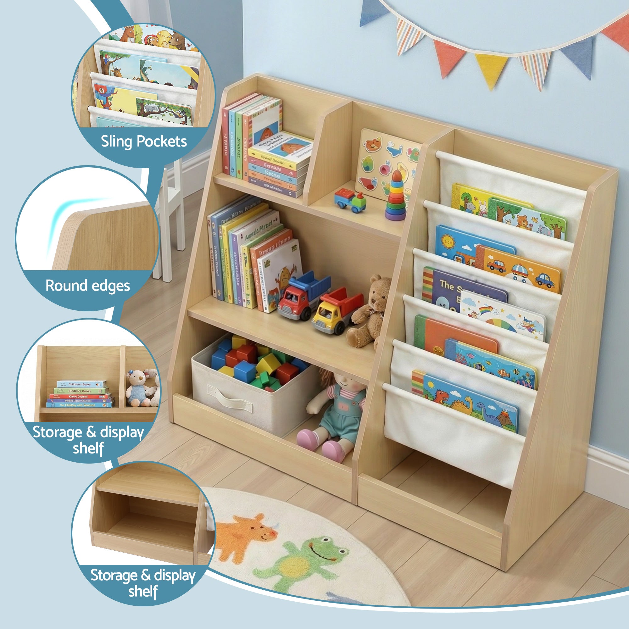 Keezi Kids Bookshelf Wood Bookcase Children Storage Rack Display Shelves Holder FURNI-N-BOOK-MCT-WD