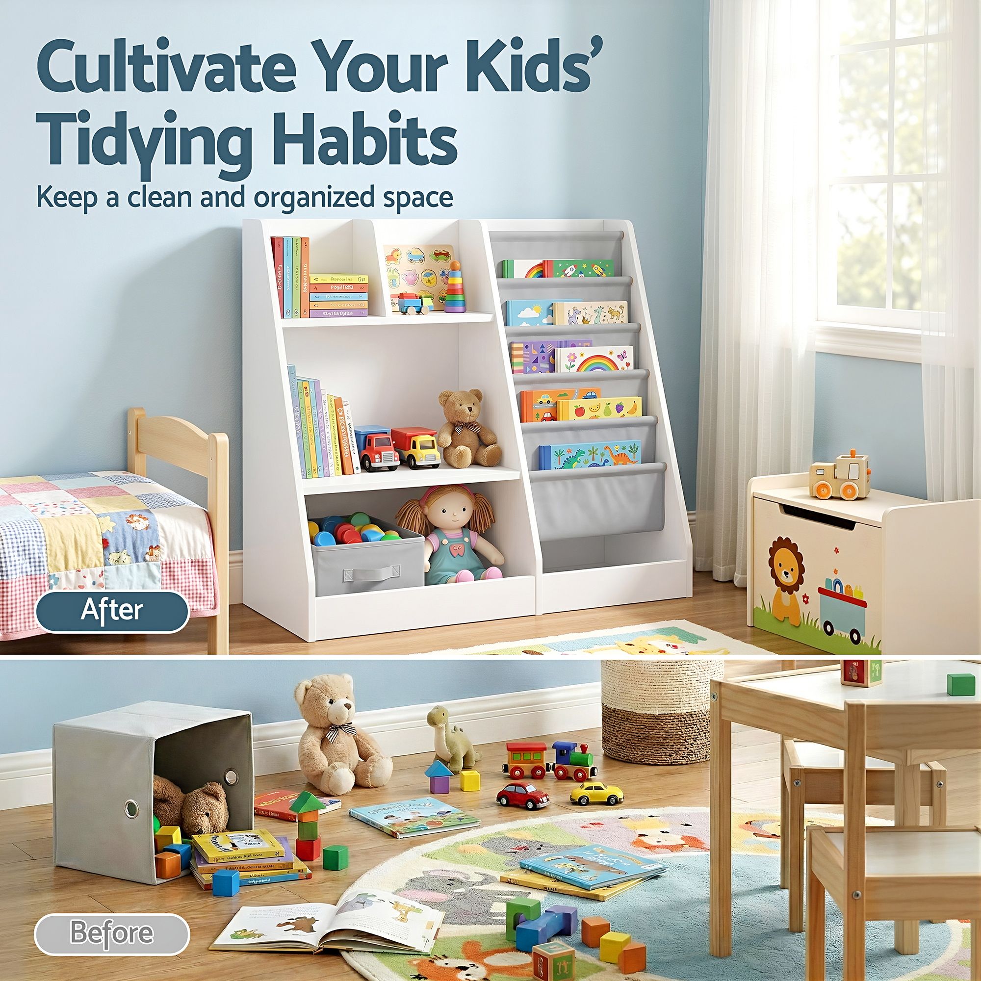 Keezi Kids Bookshelf Wood Bookcase Toddler Toys Storage Rack Display Shelves FURNI-N-BOOK-MCT-WH