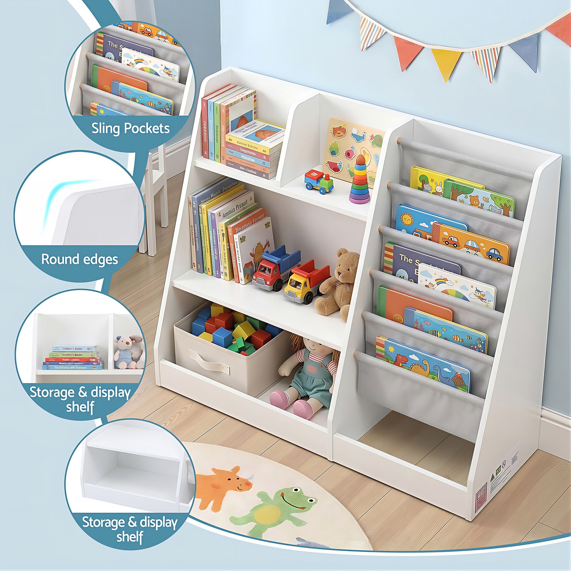 Keezi Kids Bookshelf Wood Bookcase Toddler Toys Storage Rack Display Shelves FURNI-N-BOOK-MCT-WH