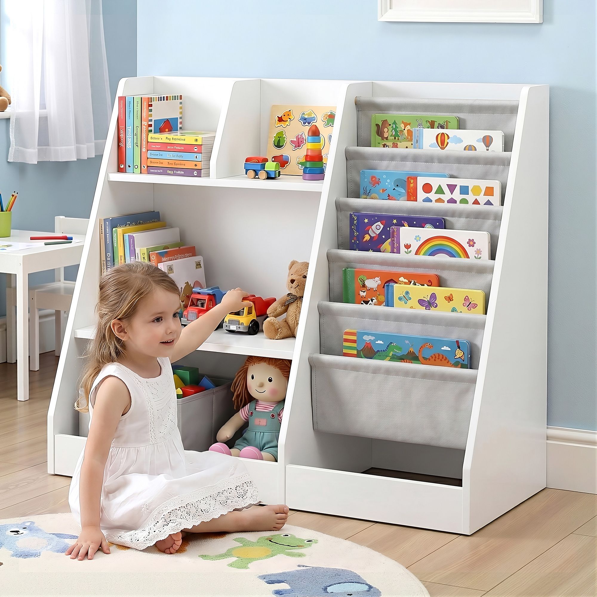 Keezi Kids Bookshelf Wood Bookcase Toddler Toys Storage Rack Display Shelves FURNI-N-BOOK-MCT-WH