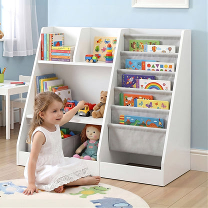 Keezi Kids Bookshelf Wood Bookcase Toddler Toys Storage Rack Display Shelves FURNI-N-BOOK-MCT-WH