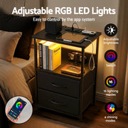 Artiss Bedside Table LED Nightstand Charging Station 2 Drawers Foldable Black FURNI-N-BS04-LED-BK
