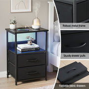 Artiss Bedside Table LED Nightstand Charging Station 2 Drawers Foldable Black FURNI-N-BS04-LED-BK