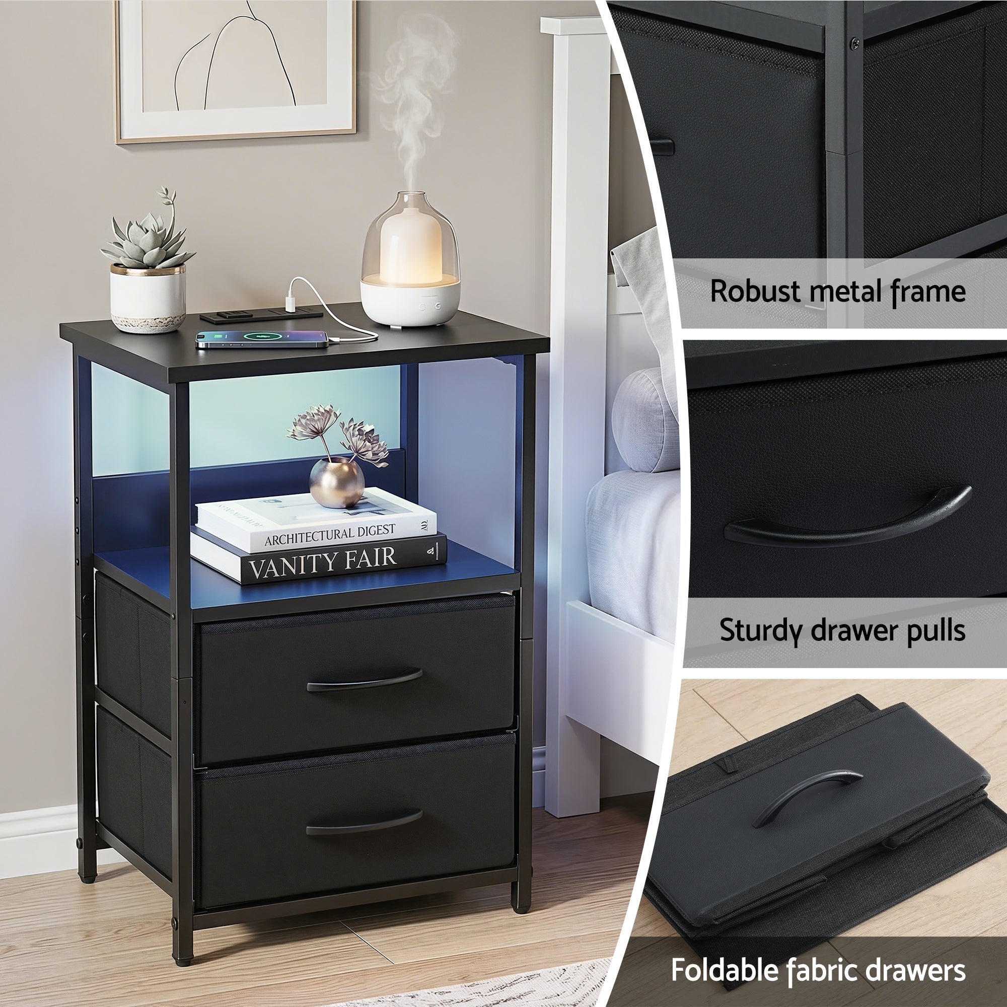 Artiss Bedside Table LED Nightstand Charging Station 2 Drawers Foldable Black FURNI-N-BS04-LED-BK