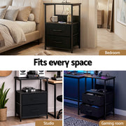 Artiss Bedside Table LED Nightstand Charging Station 2 Drawers Foldable Black FURNI-N-BS04-LED-BK