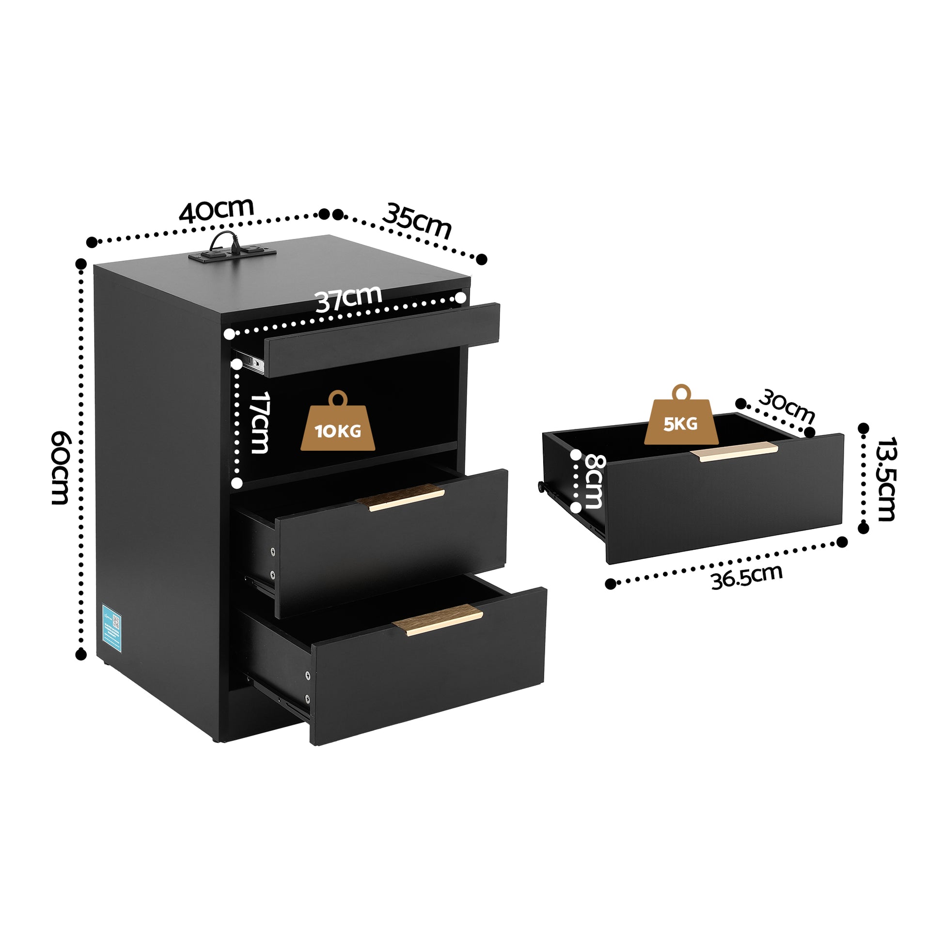 Artiss Bedside Table LED Nightstand Charging Station 2 Drawers - Black FURNI-N-BS05-LED-BK