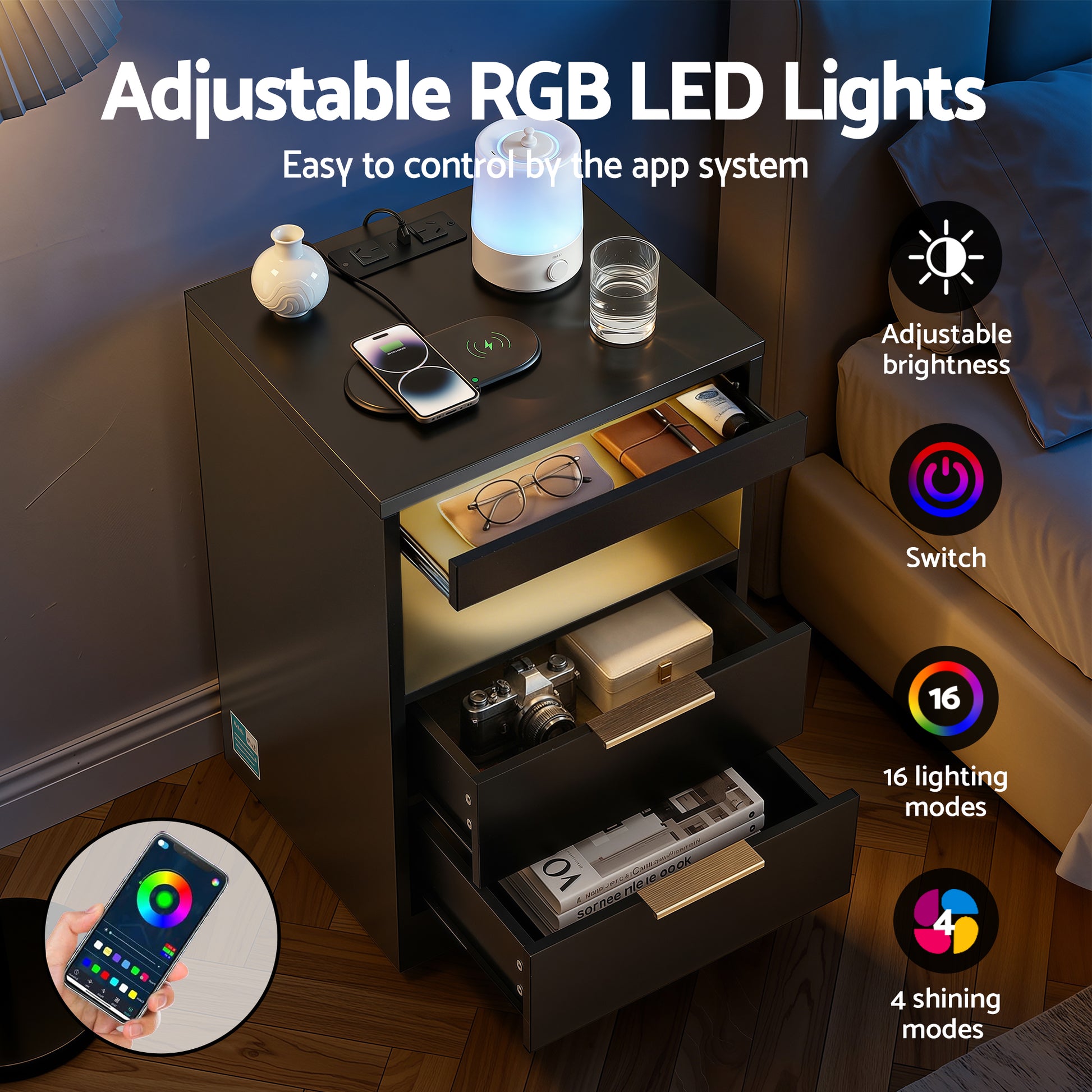 Artiss Bedside Table LED Nightstand Charging Station 2 Drawers - Black FURNI-N-BS05-LED-BK