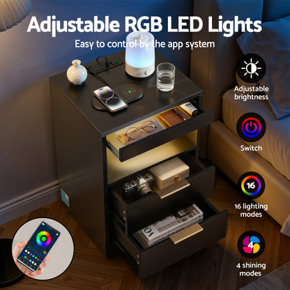 Artiss Bedside Table LED Nightstand Charging Station 2 Drawers - Black FURNI-N-BS05-LED-BK
