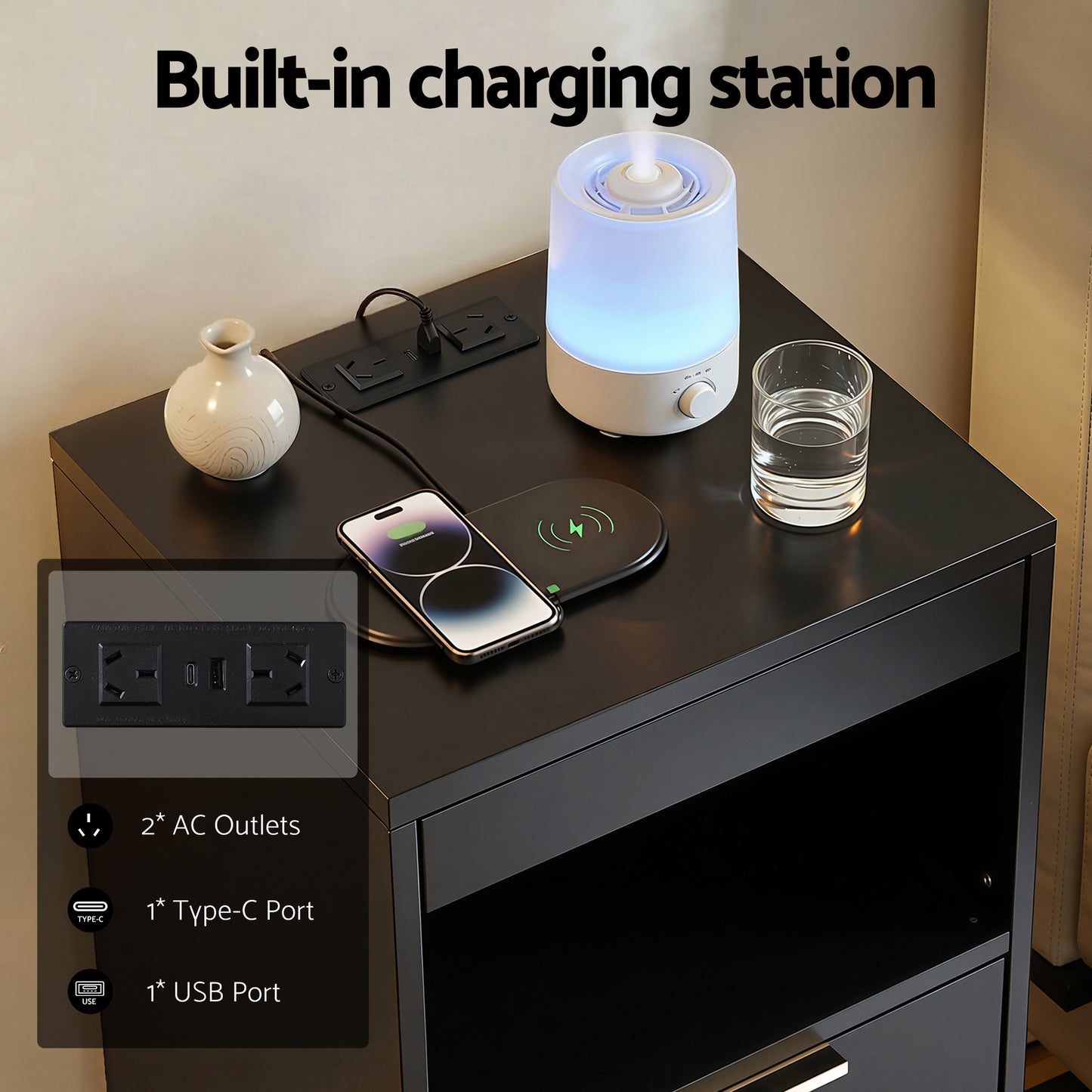 Artiss Bedside Table LED Nightstand Charging Station 2 Drawers - Black FURNI-N-BS05-LED-BK