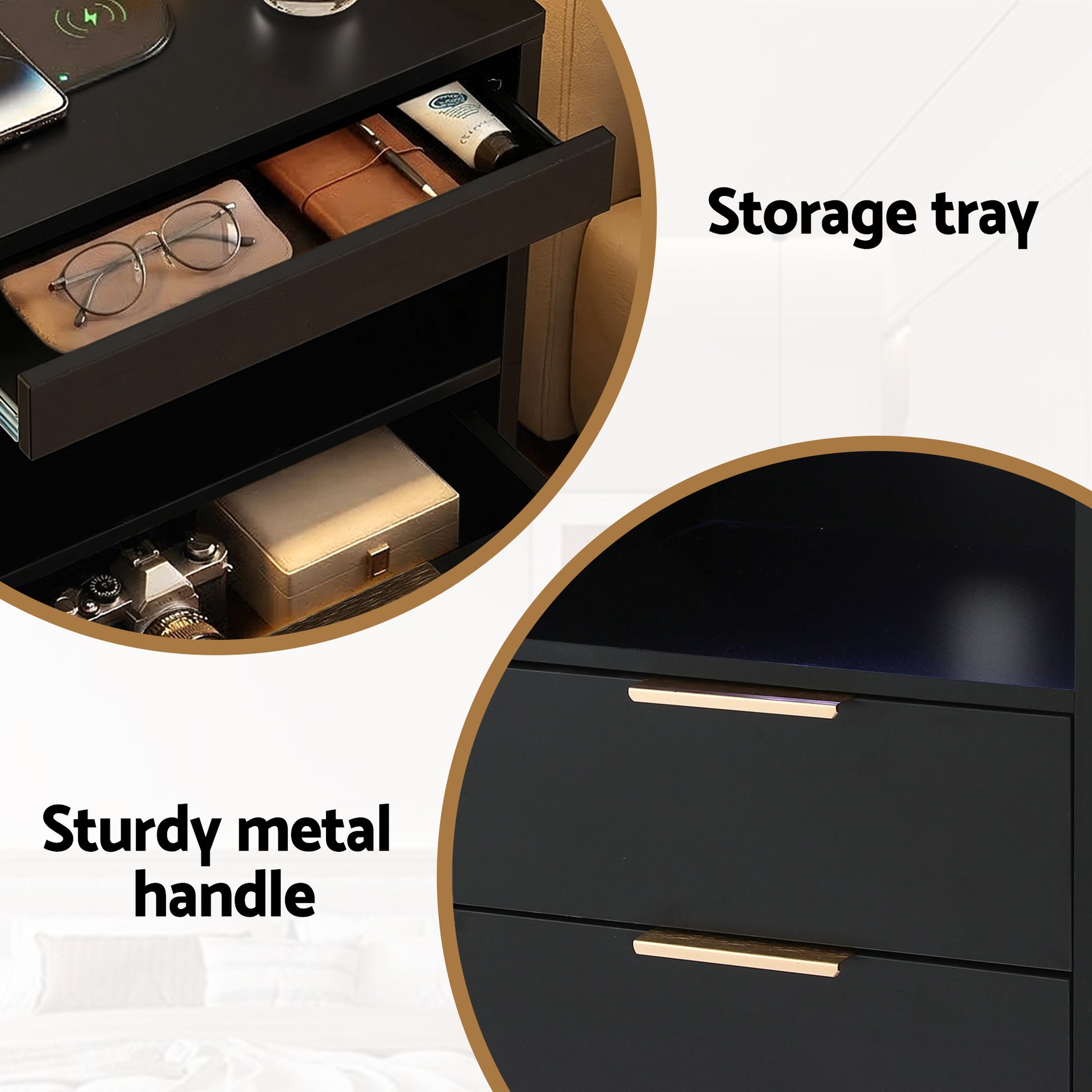 Artiss Bedside Table LED Nightstand Charging Station 2 Drawers - Black FURNI-N-BS05-LED-BK