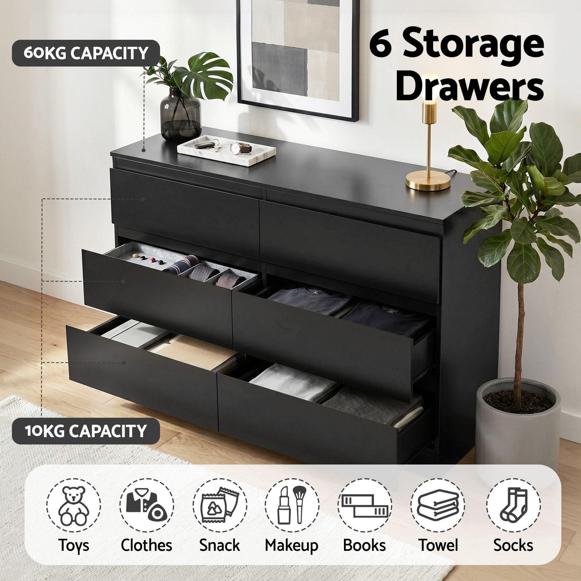 Artiss 6 Chest of Drawers Lowboy Black FURNI-N-CDR-02-BK-AB